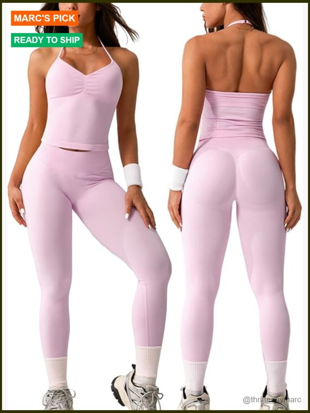Ribbed Seamless Workout Set High Waisted Leggings Adjustable Halter Bra